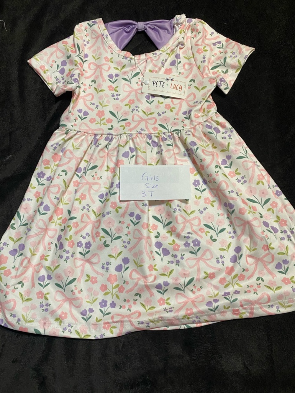 Girls' Floral Bow Print Dress - Pink & Purple